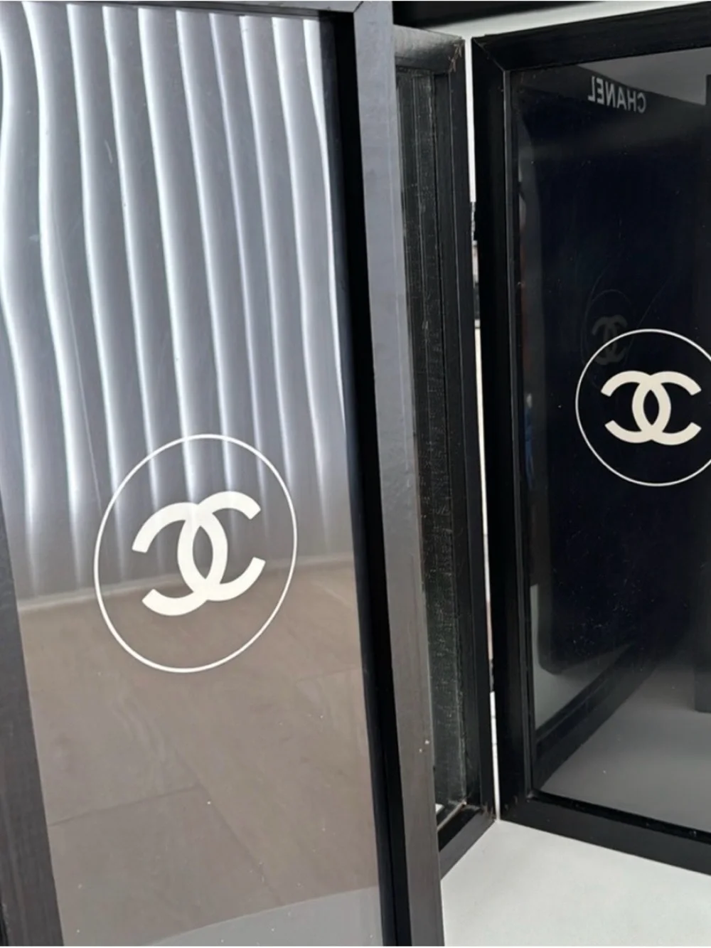 CHANEL Black Trifold Logo Vanity Mirror